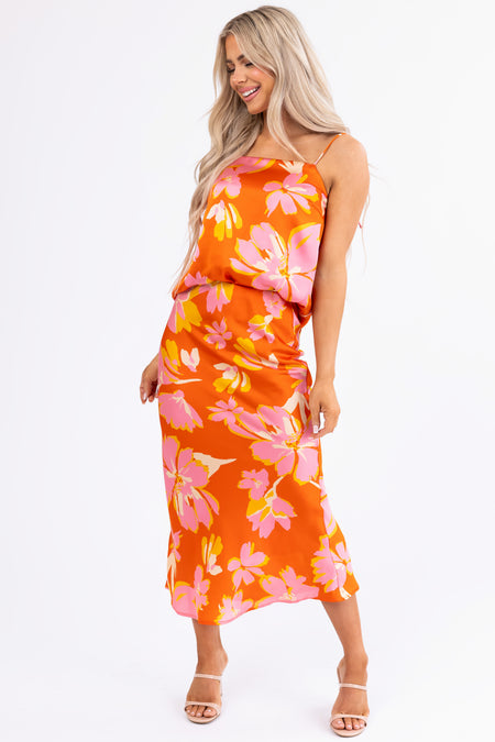 Fire Floral Print Satin Bias Maxi Skirt