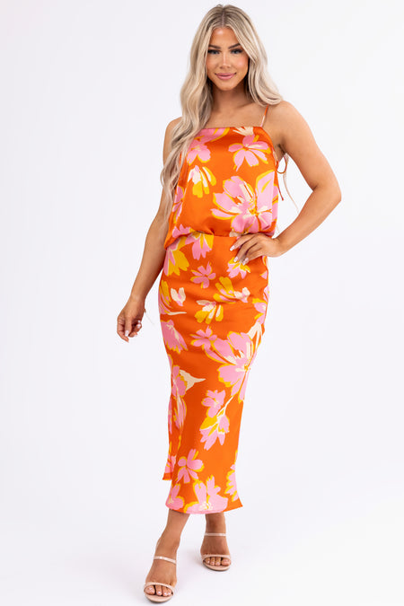 Fire Floral Print Satin Bias Maxi Skirt