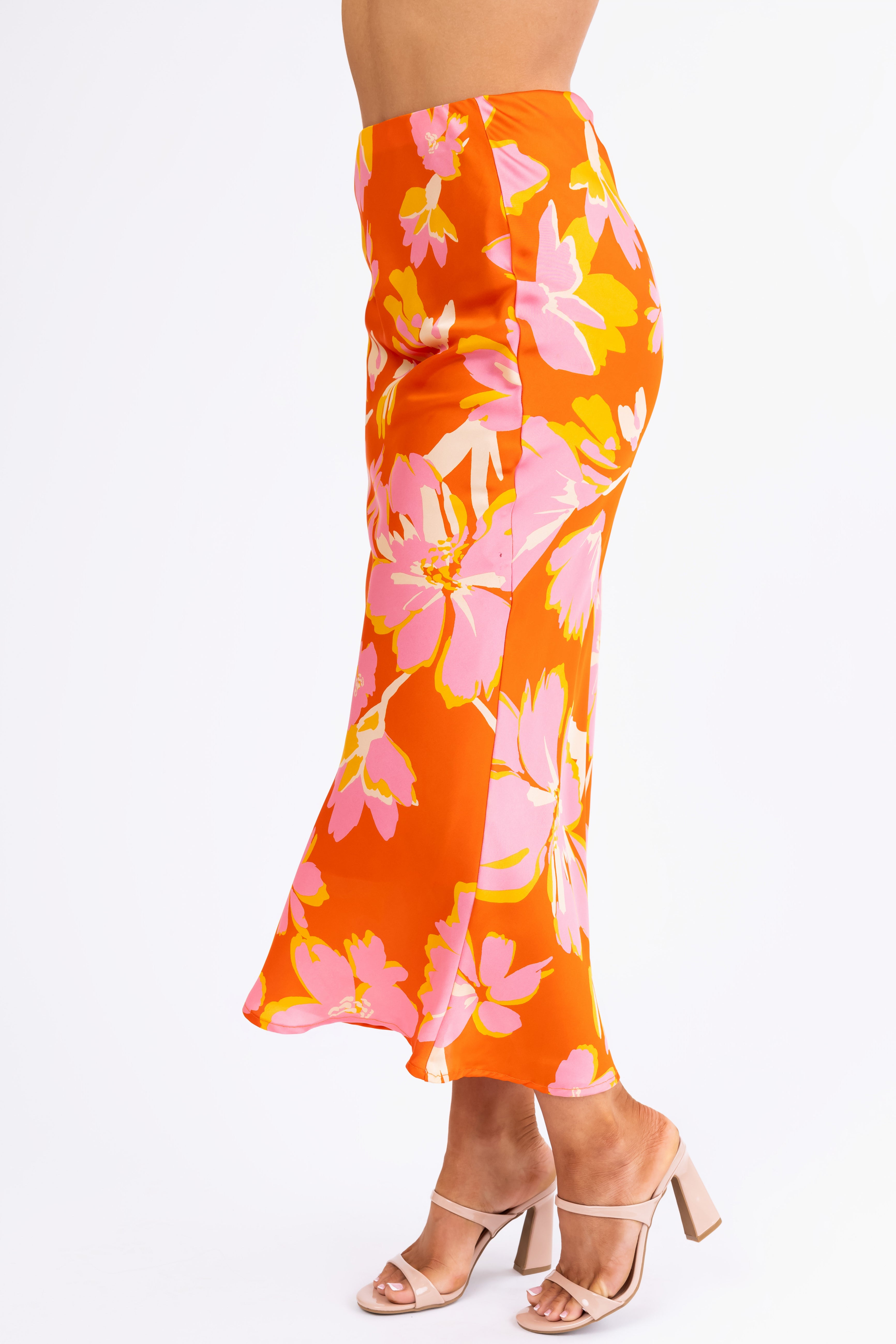 Fire Floral Print Satin Bias Maxi Skirt