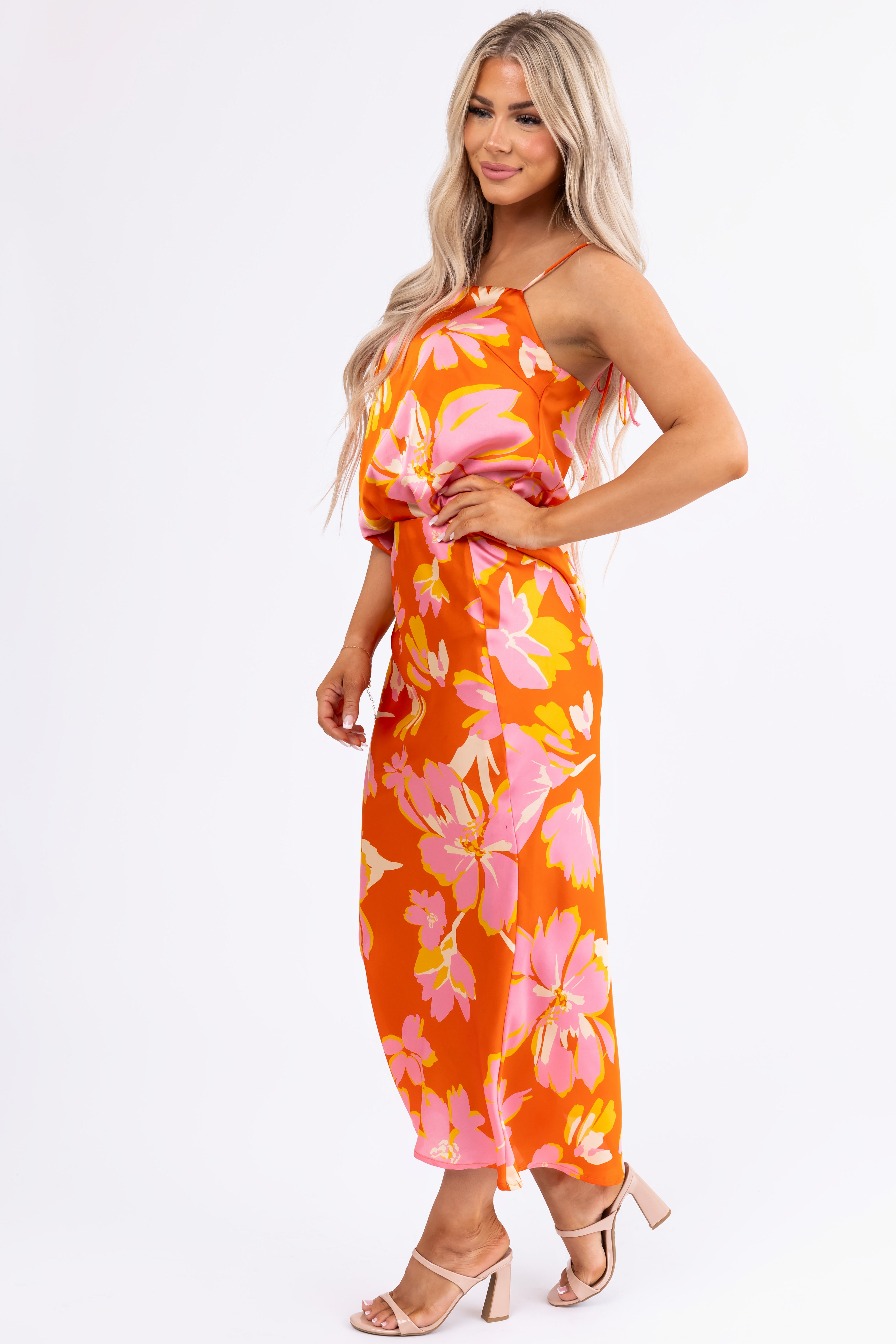 Fire Floral Print Satin Bias Maxi Skirt