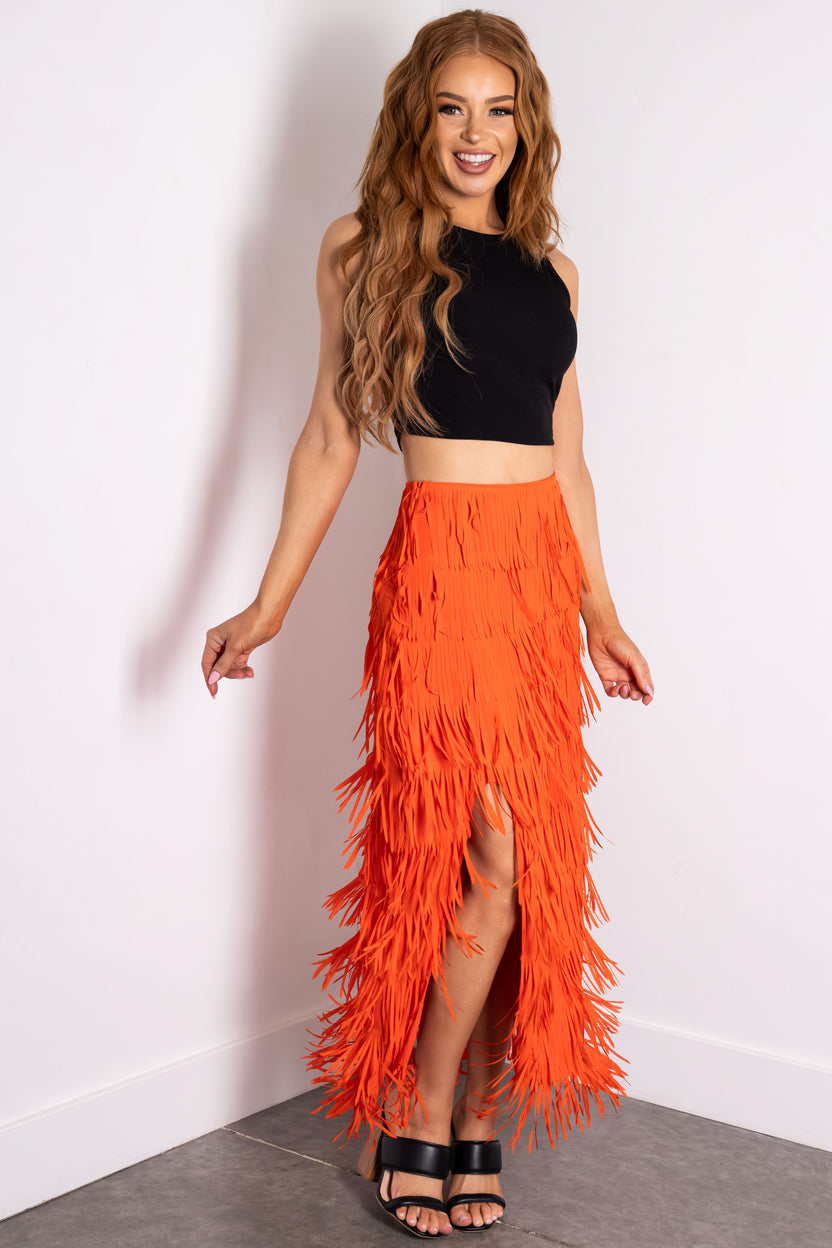 Fire Side Slit Fringe Midi Skirt