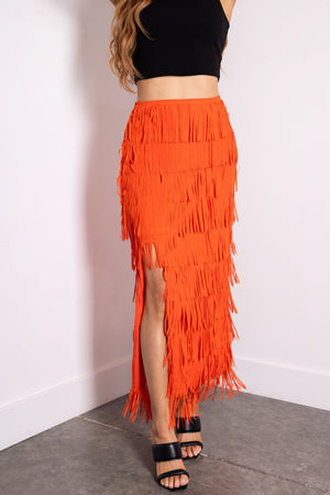 Fire Side Slit Fringe Midi Skirt