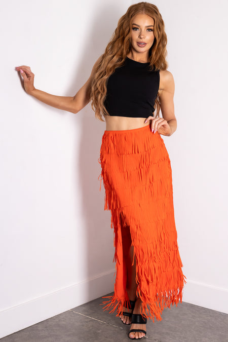 Fire Side Slit Fringe Midi Skirt