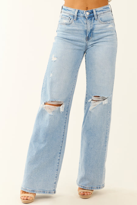 Flying Monkey Distressed Knee Stretchy Wide Leg Jeans