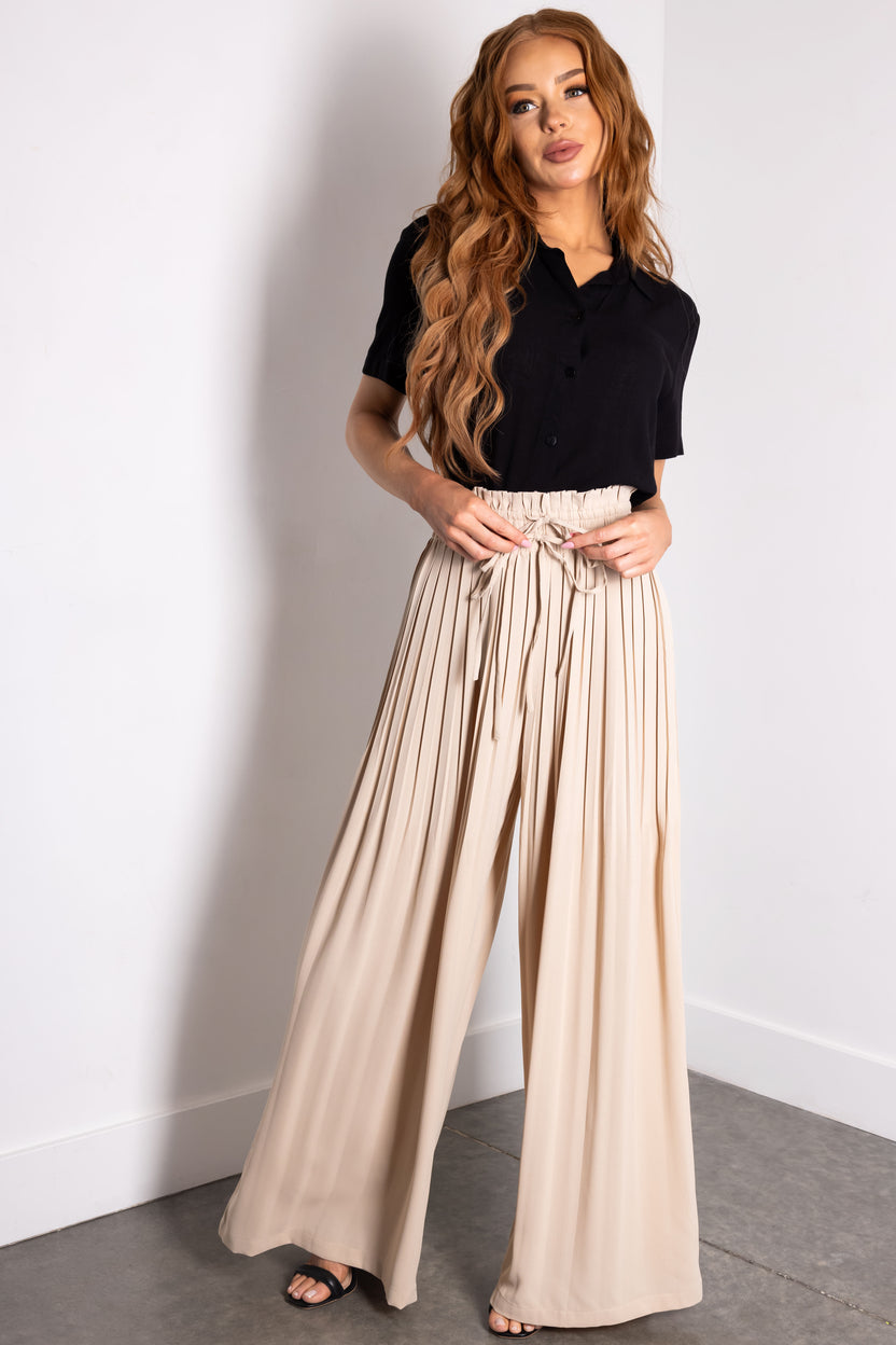 Flying Tomato Almond Pleated Wide Leg Woven Pants