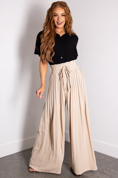 Flying Tomato Almond Pleated Wide Leg Woven Pants