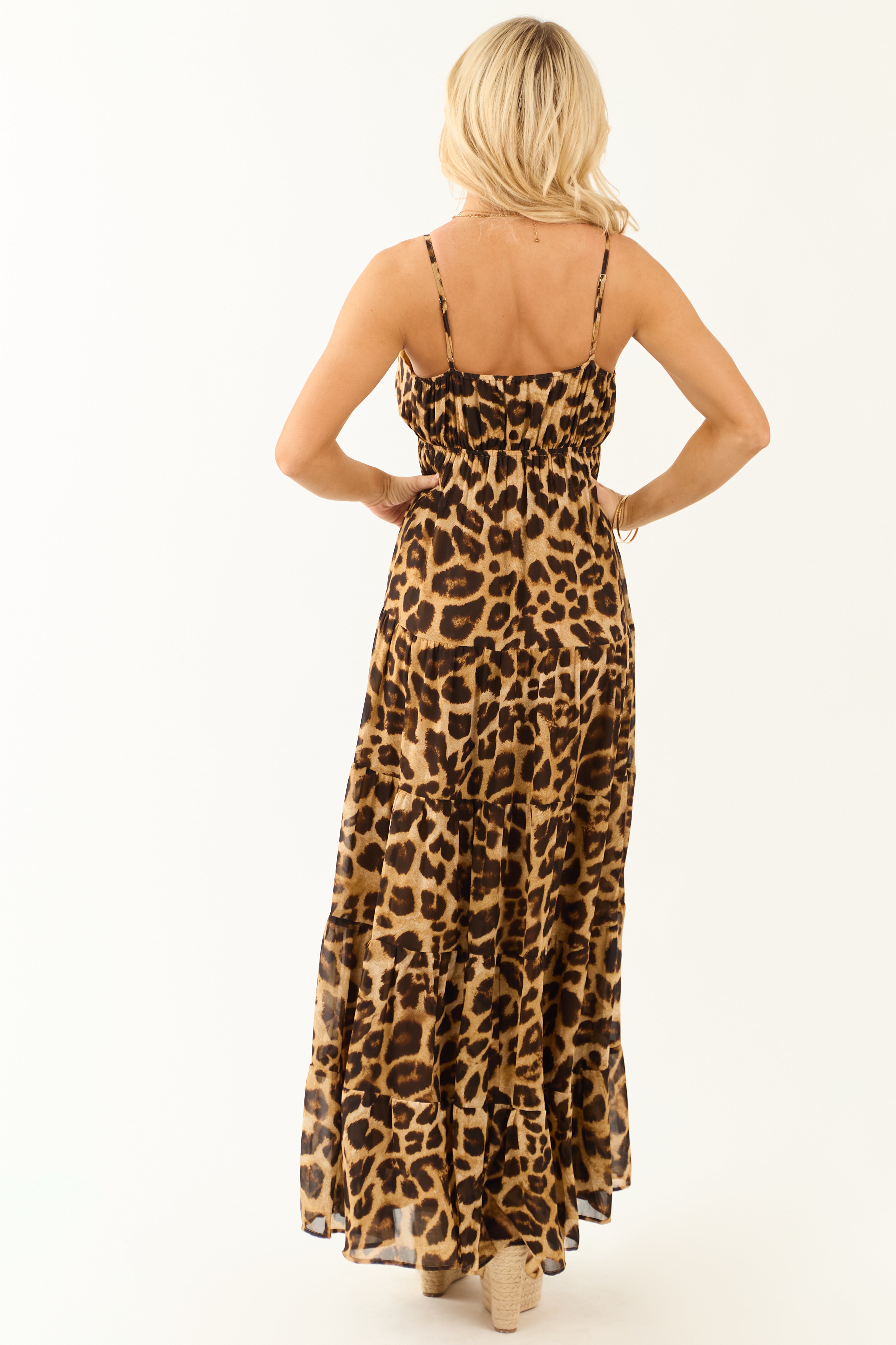 Flying Tomato Beige Leopard Print Tiered Maxi Dress