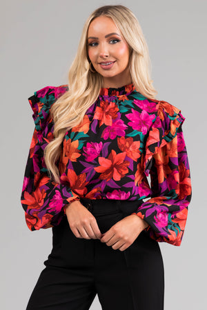 Flying Tomato Black Floral Print Ruffle Top