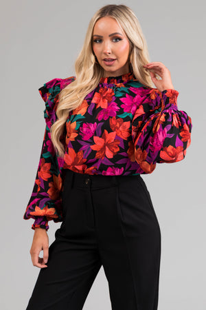 Flying Tomato Black Floral Print Ruffle Top