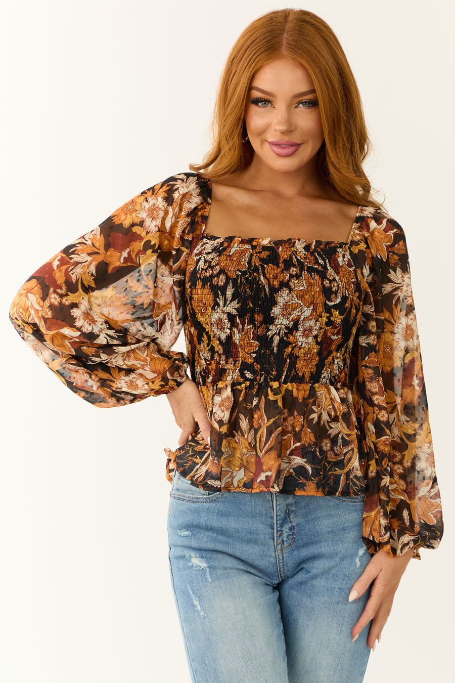 Flying Tomato Black Floral Print Smocked Top