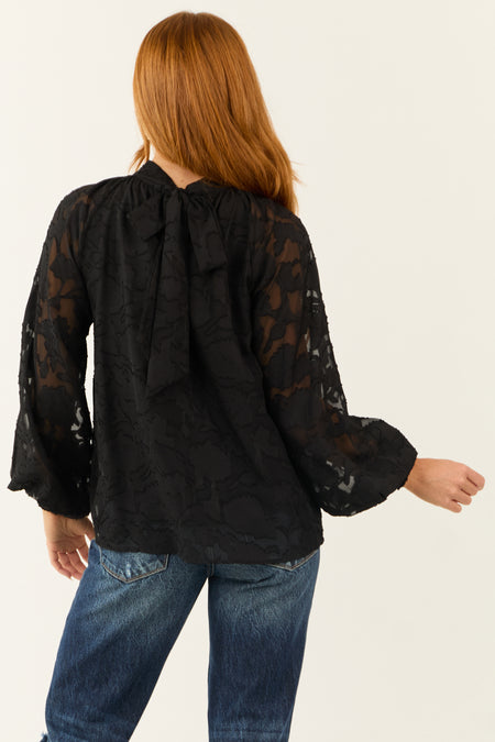 Flying Tomato Black Floral Textured Back Tie Top