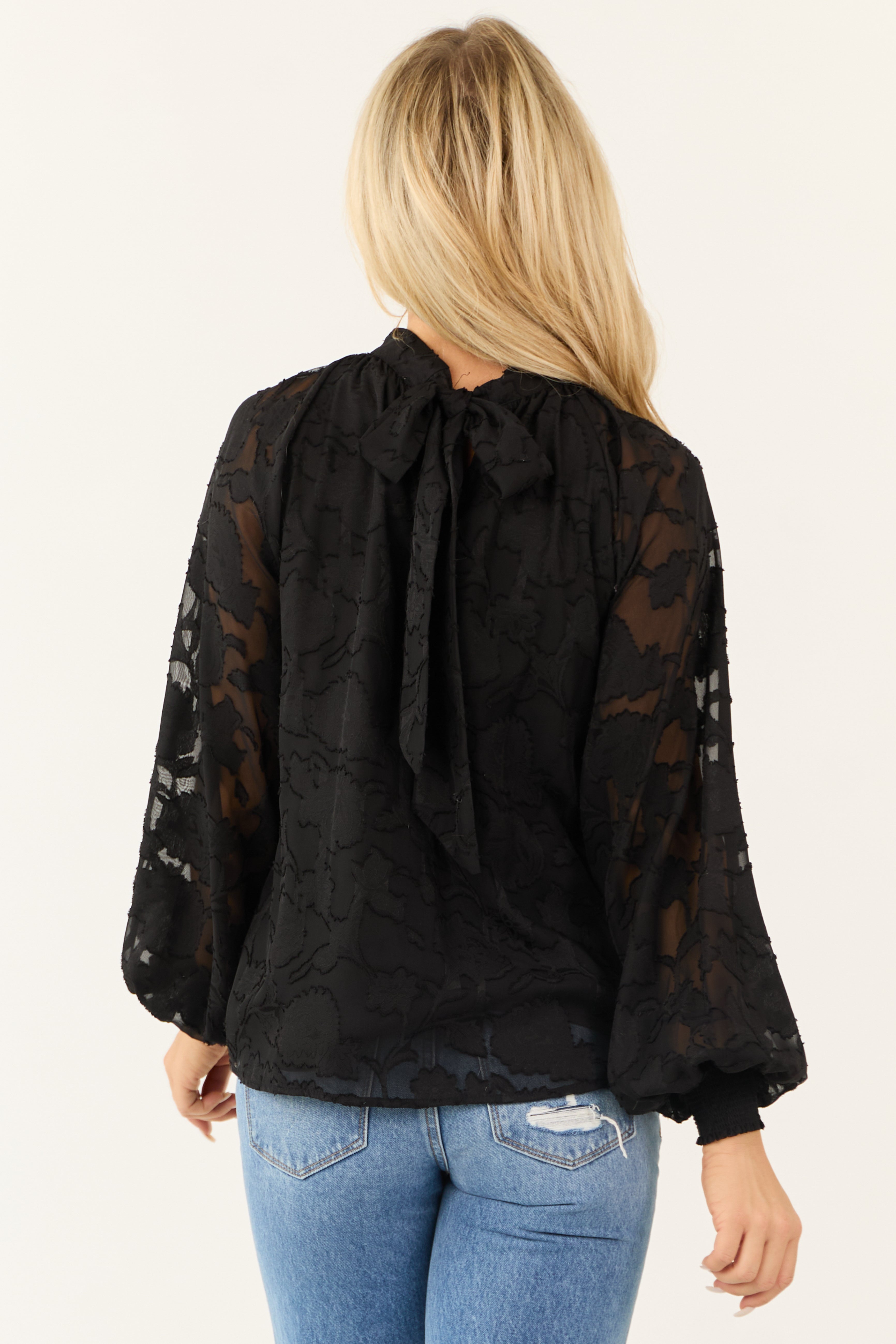 Flying Tomato Black Floral Textured Back Tie Top