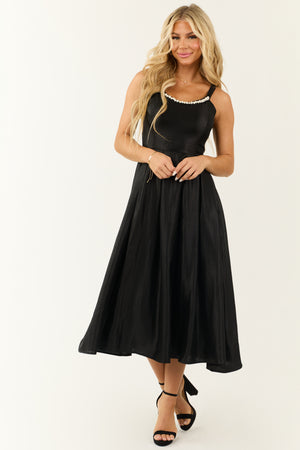 Flying Tomato Black Pearl Trim Satin Organza Midi Dress