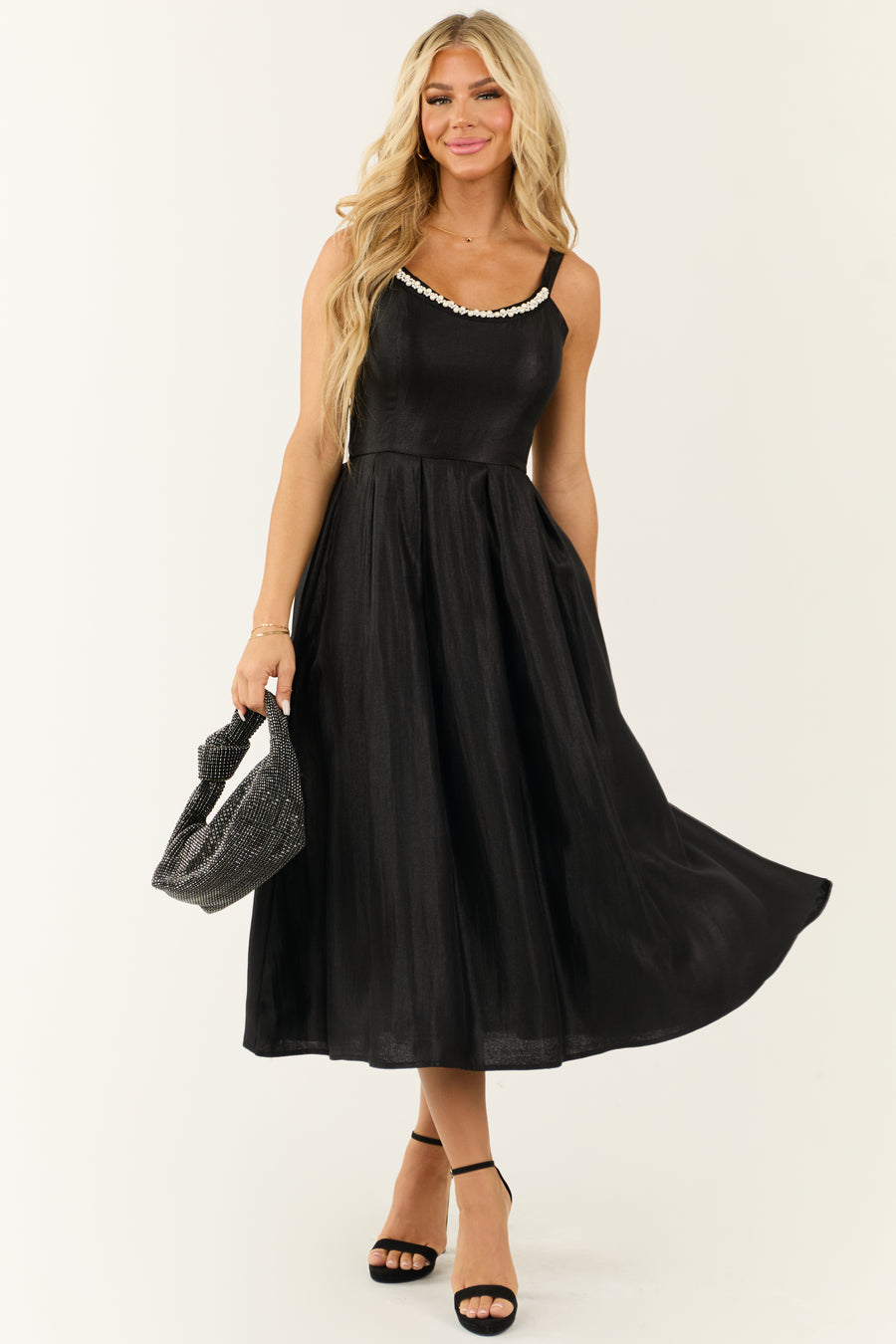 Flying Tomato Black Pearl Trim Satin Organza Midi Dress