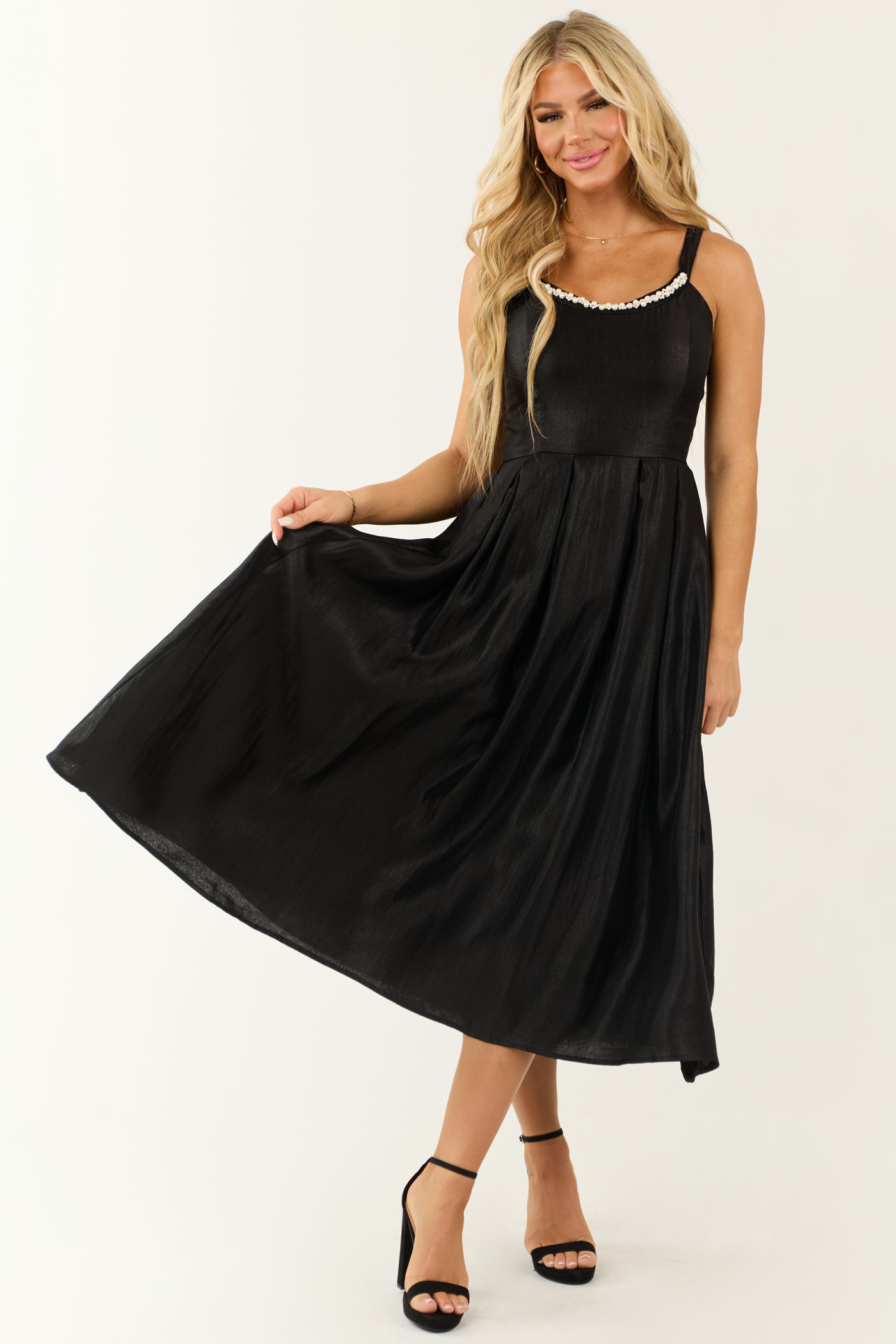 Flying Tomato Black Pearl Trim Satin Organza Midi Dress