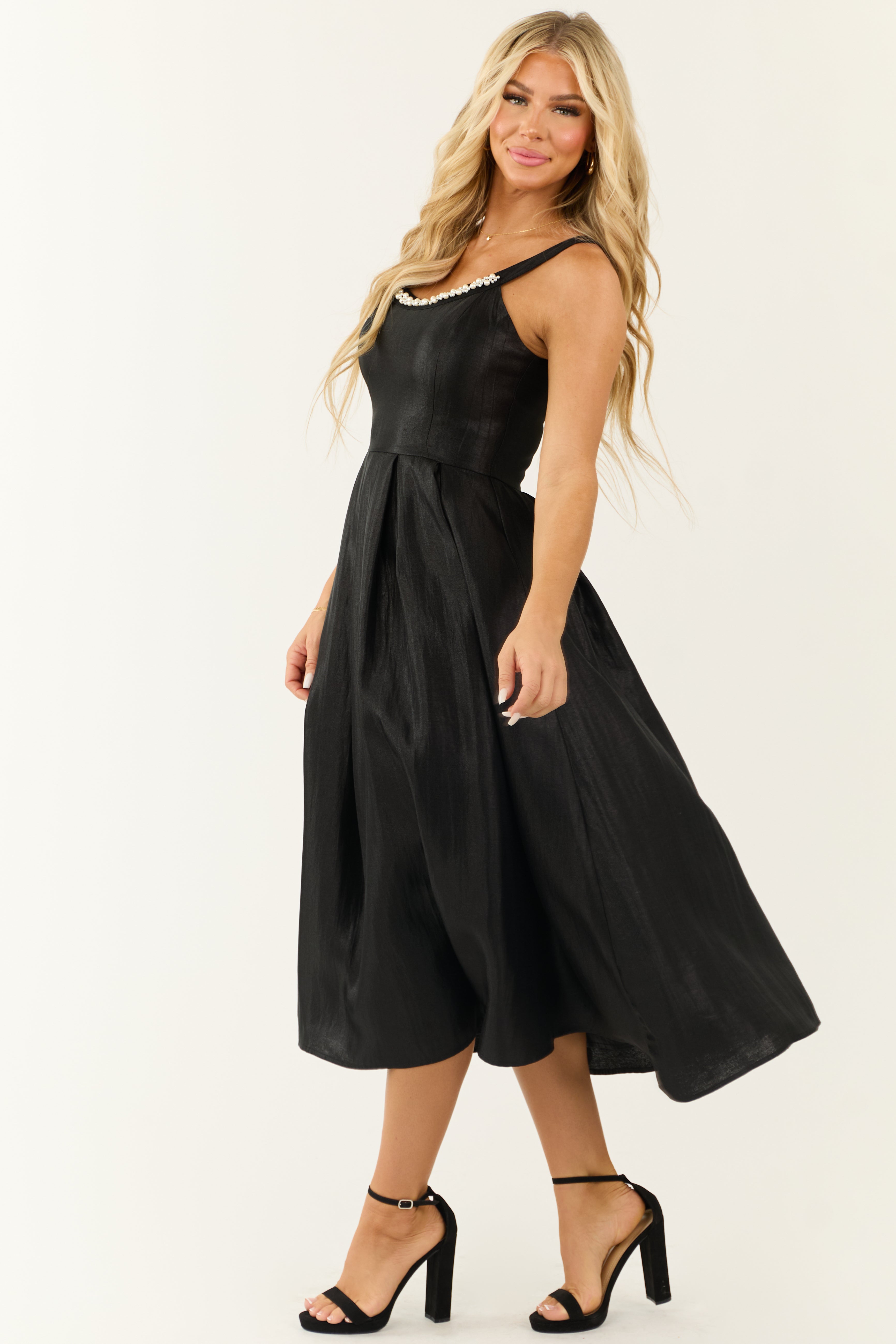 Flying Tomato Black Pearl Trim Satin Organza Midi Dress