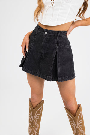 Flying Tomato Black Washed Pleated Denim Skort