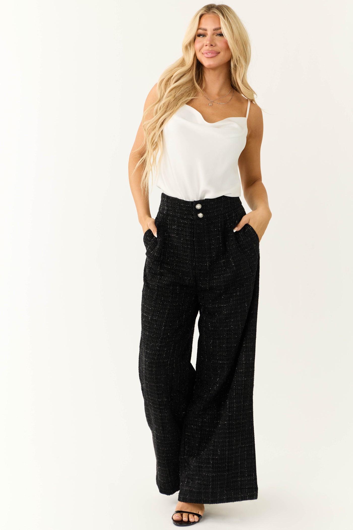 Flying Tomato Black Wide Leg Tweed Pants