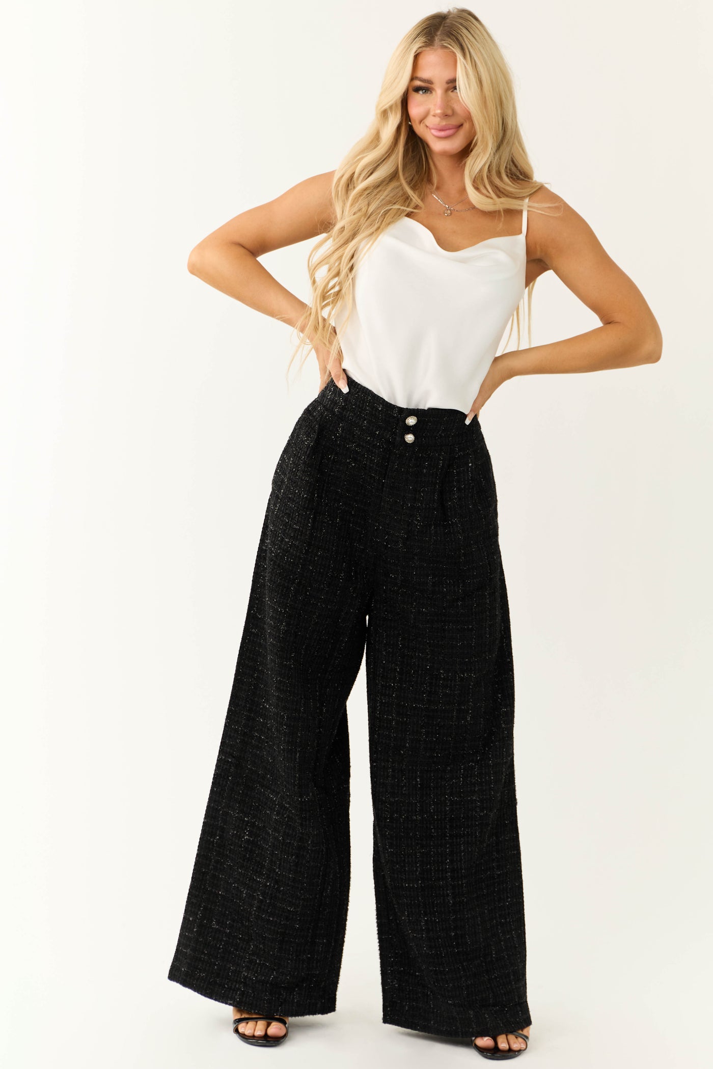 Flying Tomato Black Wide Leg Tweed Pants