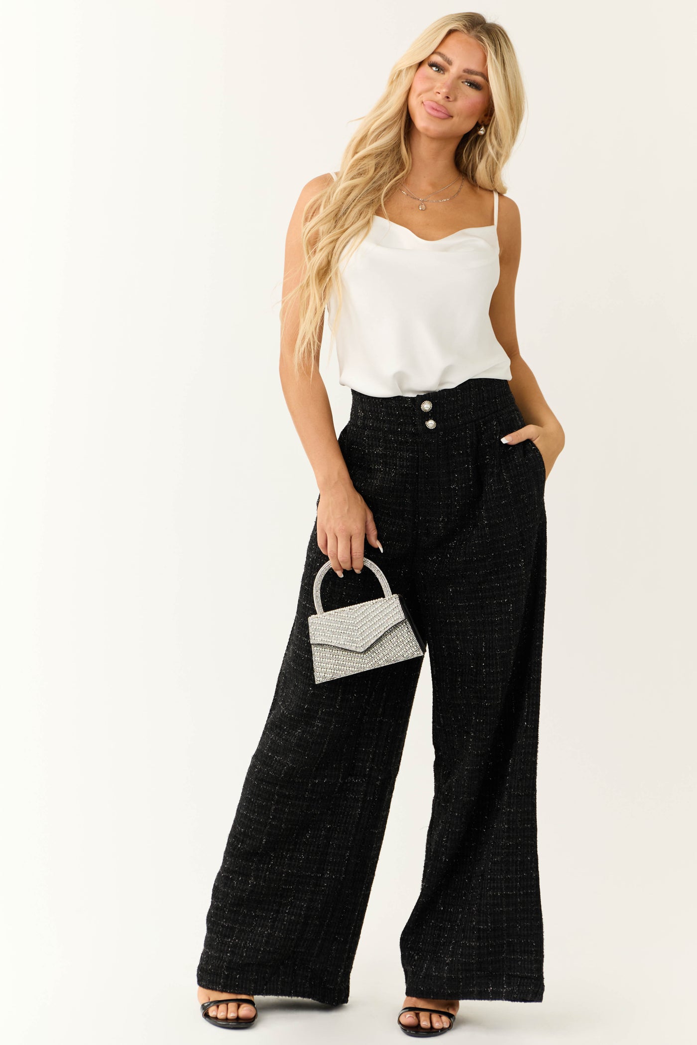 Flying Tomato Black Wide Leg Tweed Pants