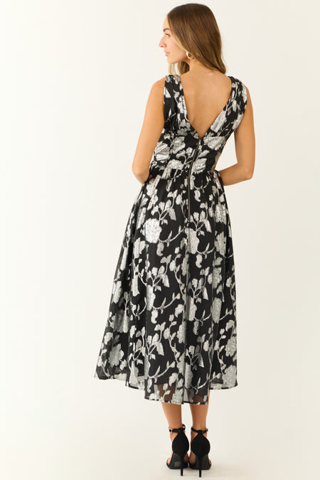 Flying Tomato Black and Silver Floral Midi Dress