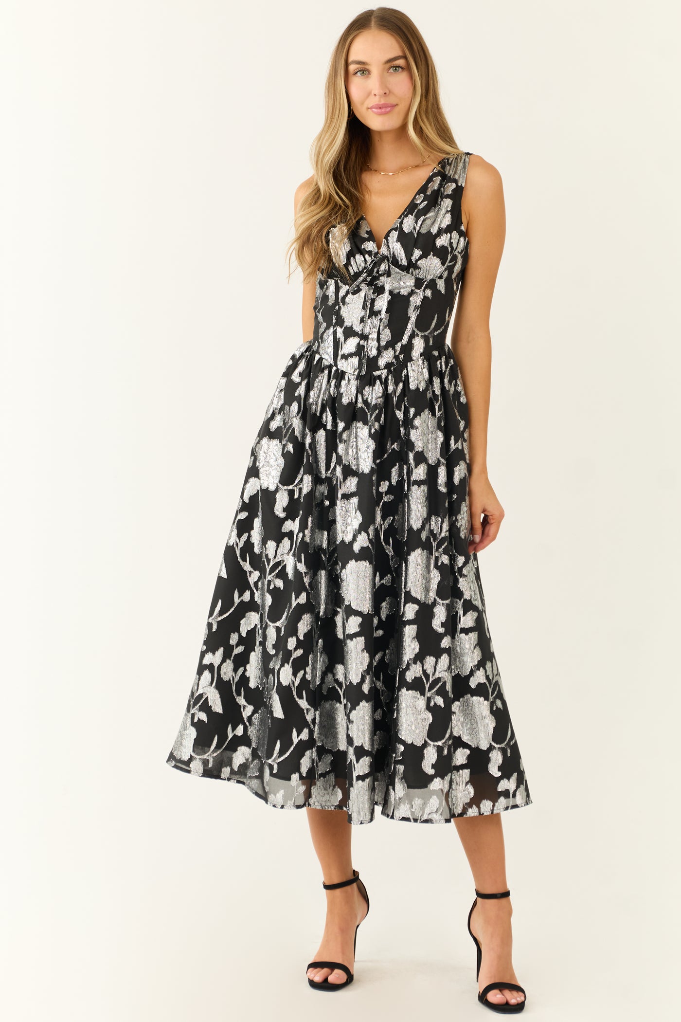 Flying Tomato Black and Silver Floral Midi Dress