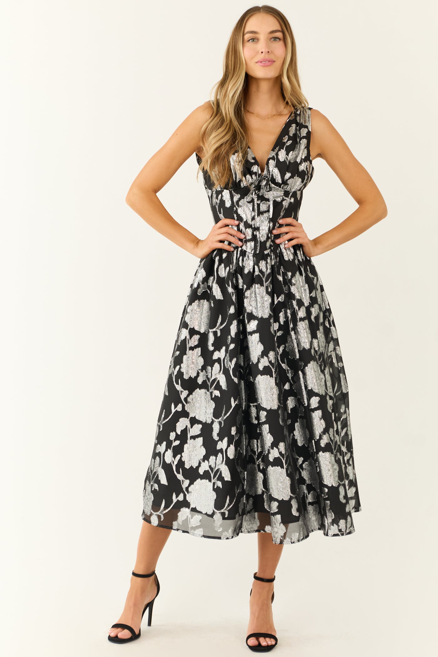 Flying Tomato Black and Silver Floral Midi Dress