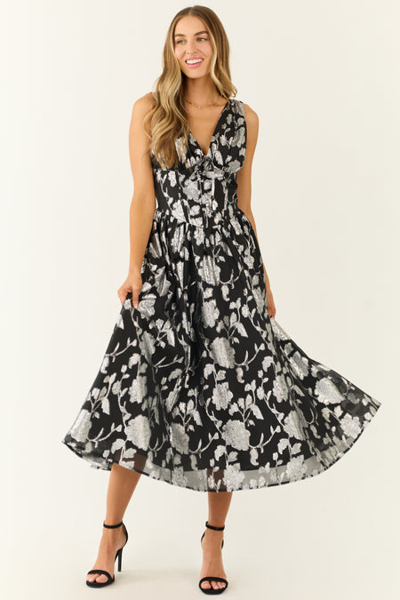 Flying Tomato Black and Silver Floral Midi Dress