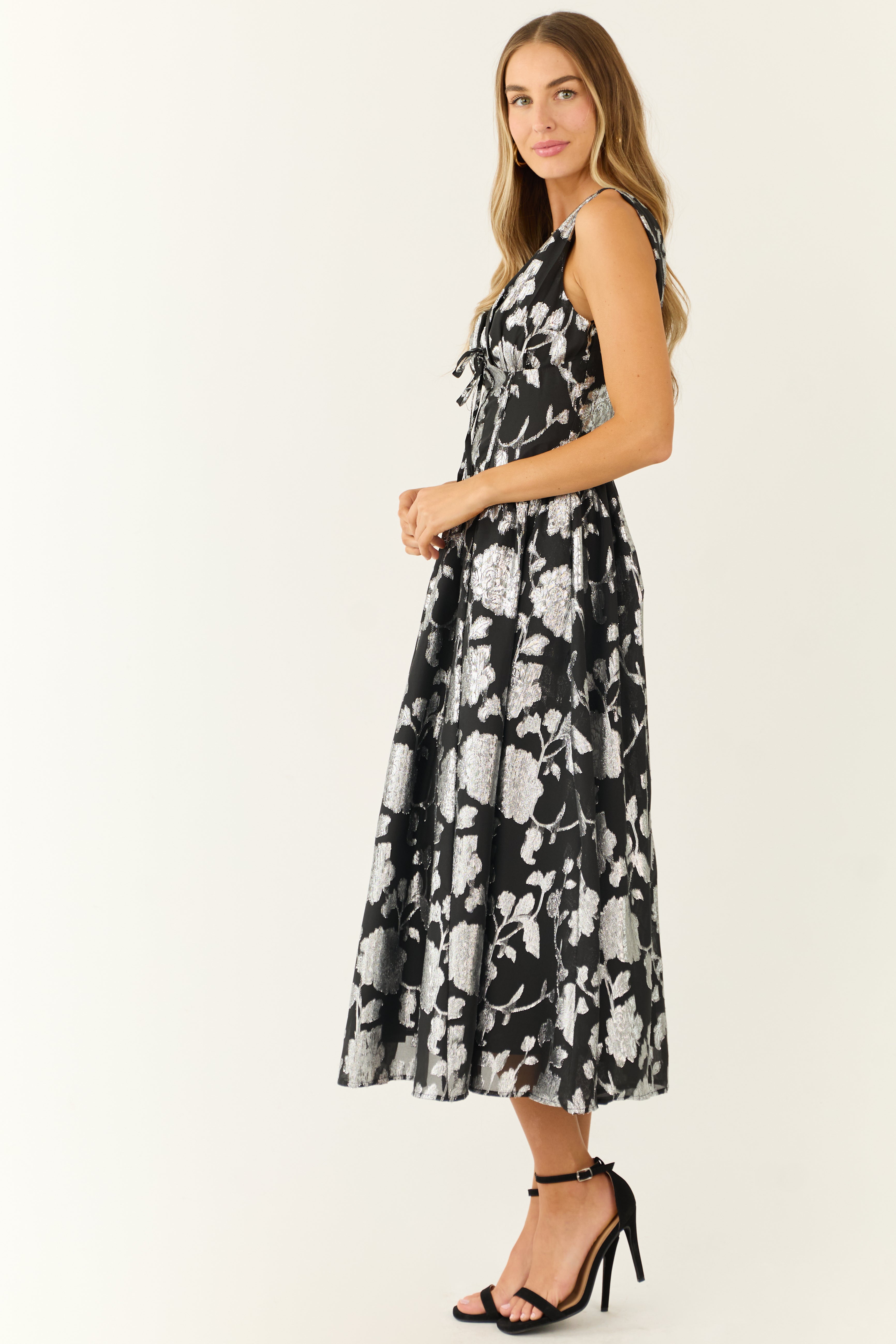 Flying Tomato Black and Silver Floral Midi Dress