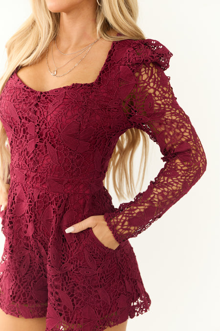 Flying Tomato Burgundy Lace Puff Shoulder Romper