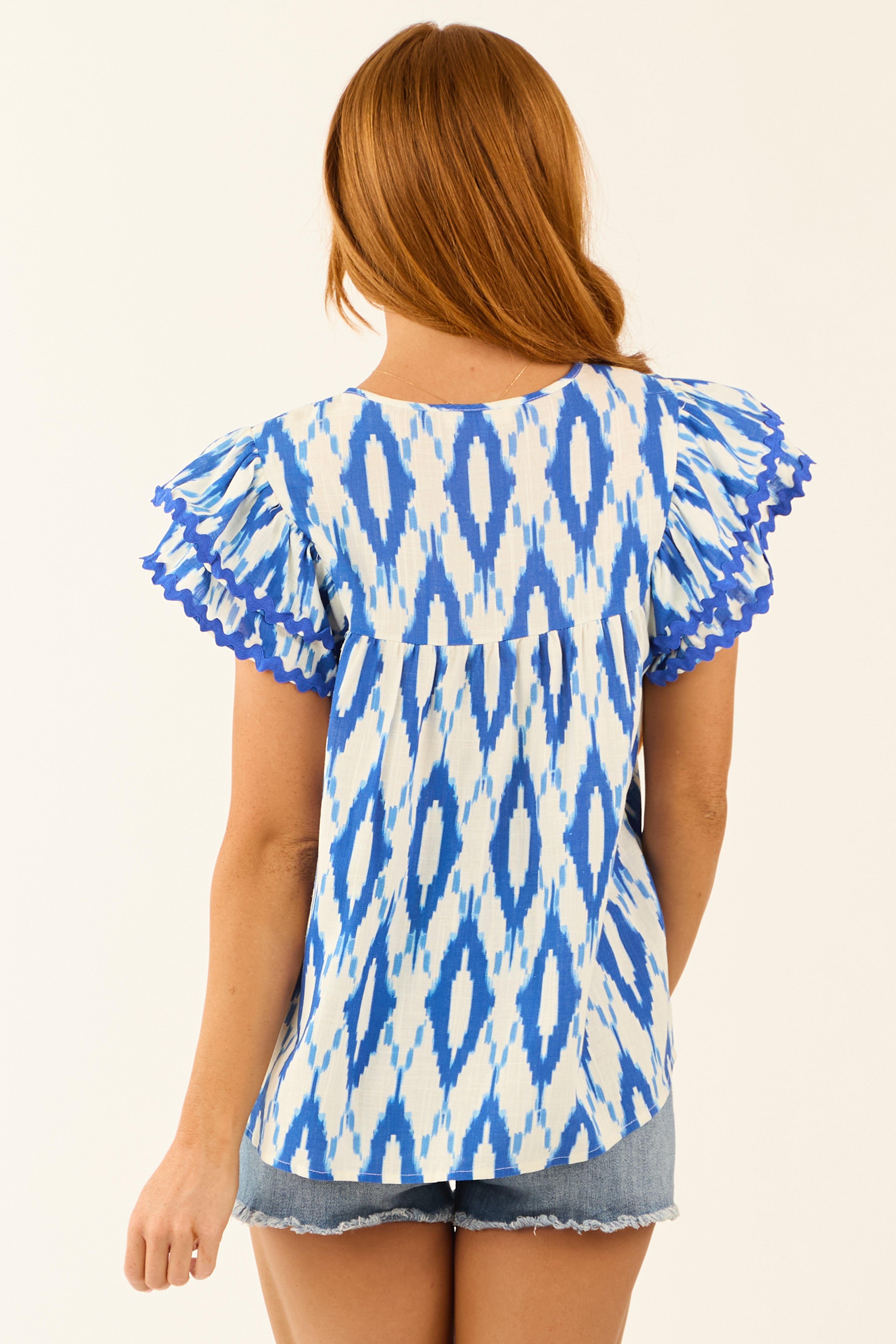 Flying Tomato Cobalt Abstract Ruffle Sleeve Blouse