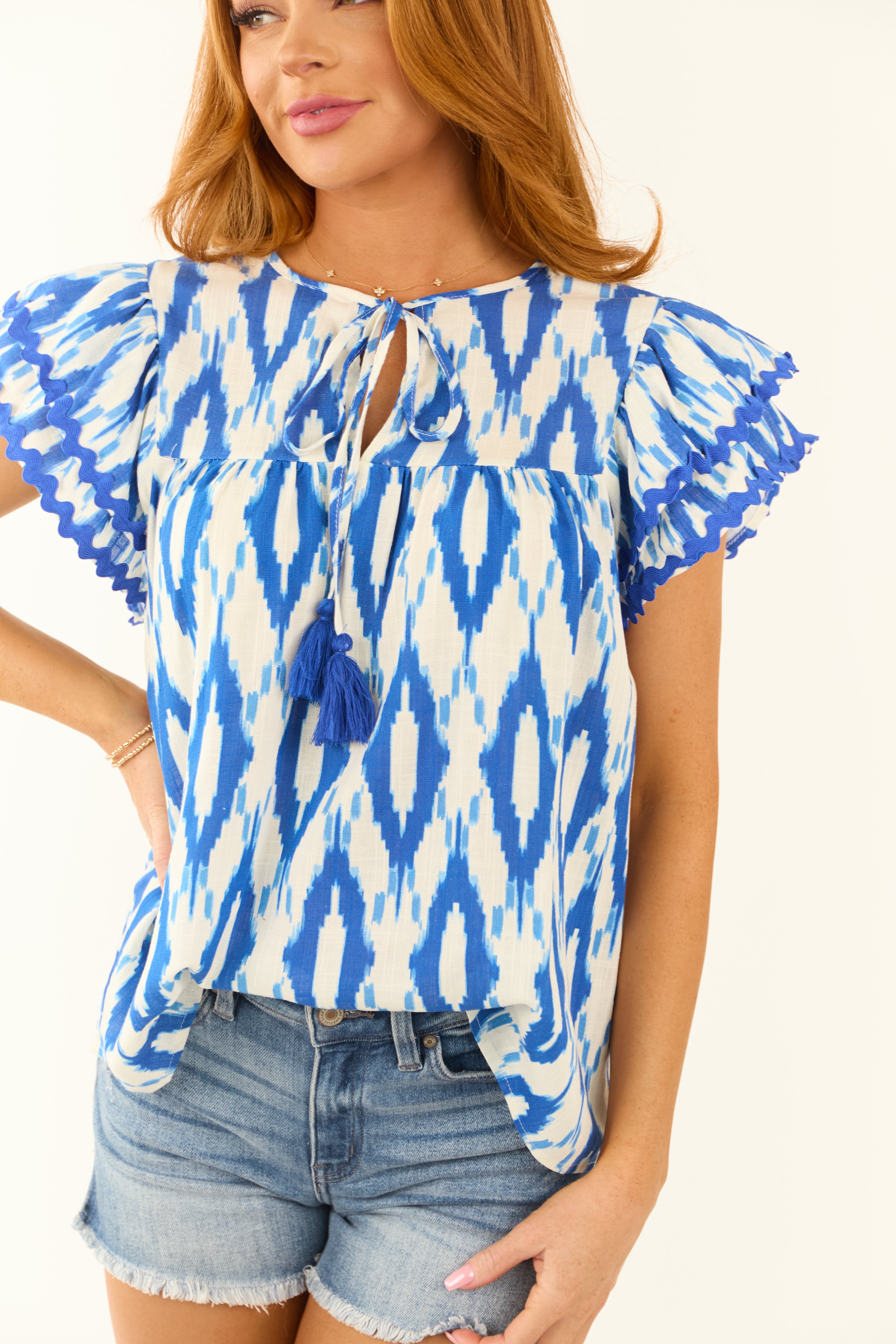 Flying Tomato Cobalt Abstract Ruffle Sleeve Blouse