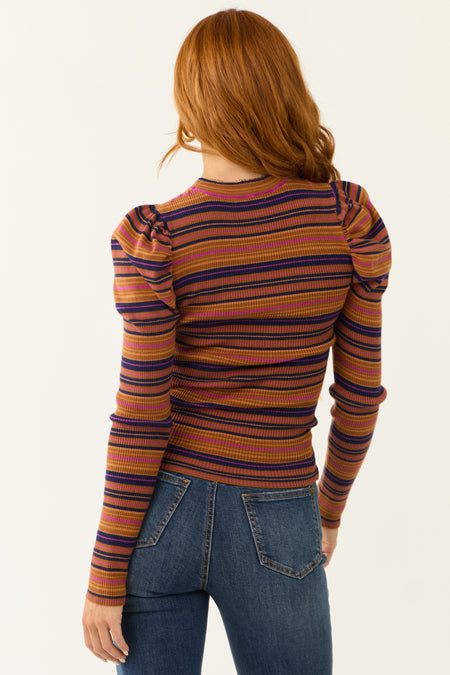 Flying Tomato Cognac Striped Puff Long Sleeve Shirt