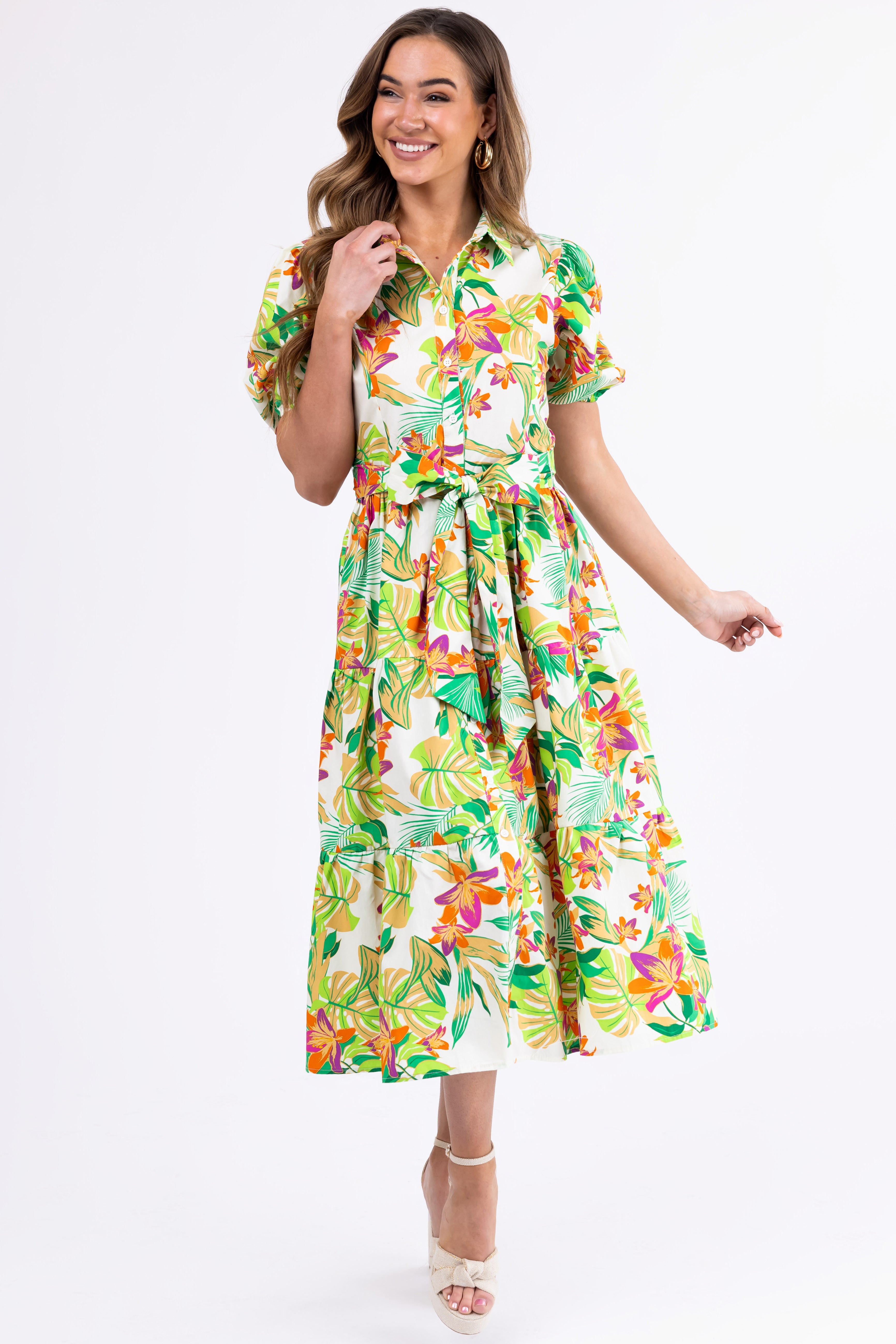 Flying Tomato Cream Floral Midi Dress