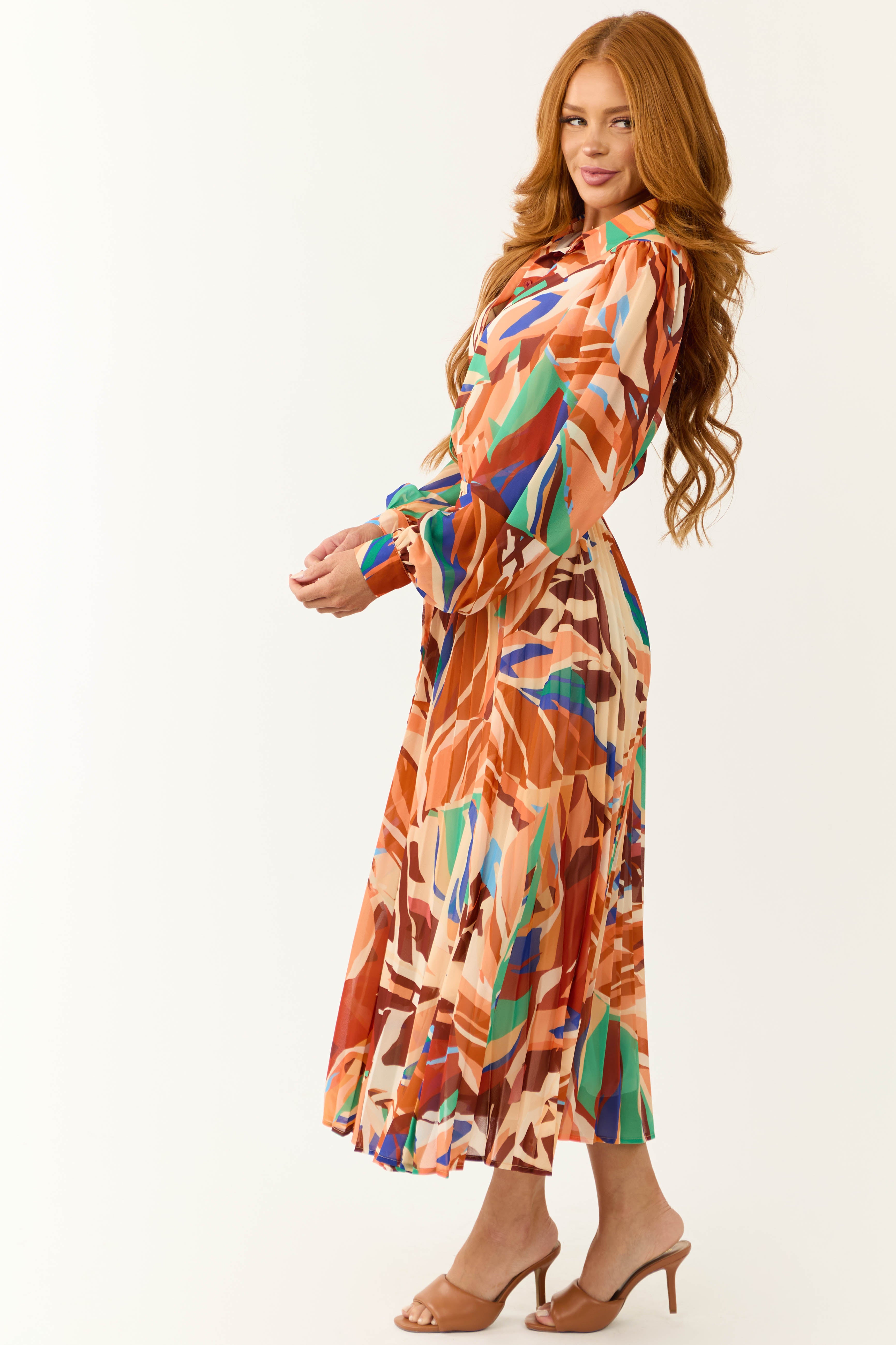 Flying Tomato Cream and Melon Abstract Print Midi Dress