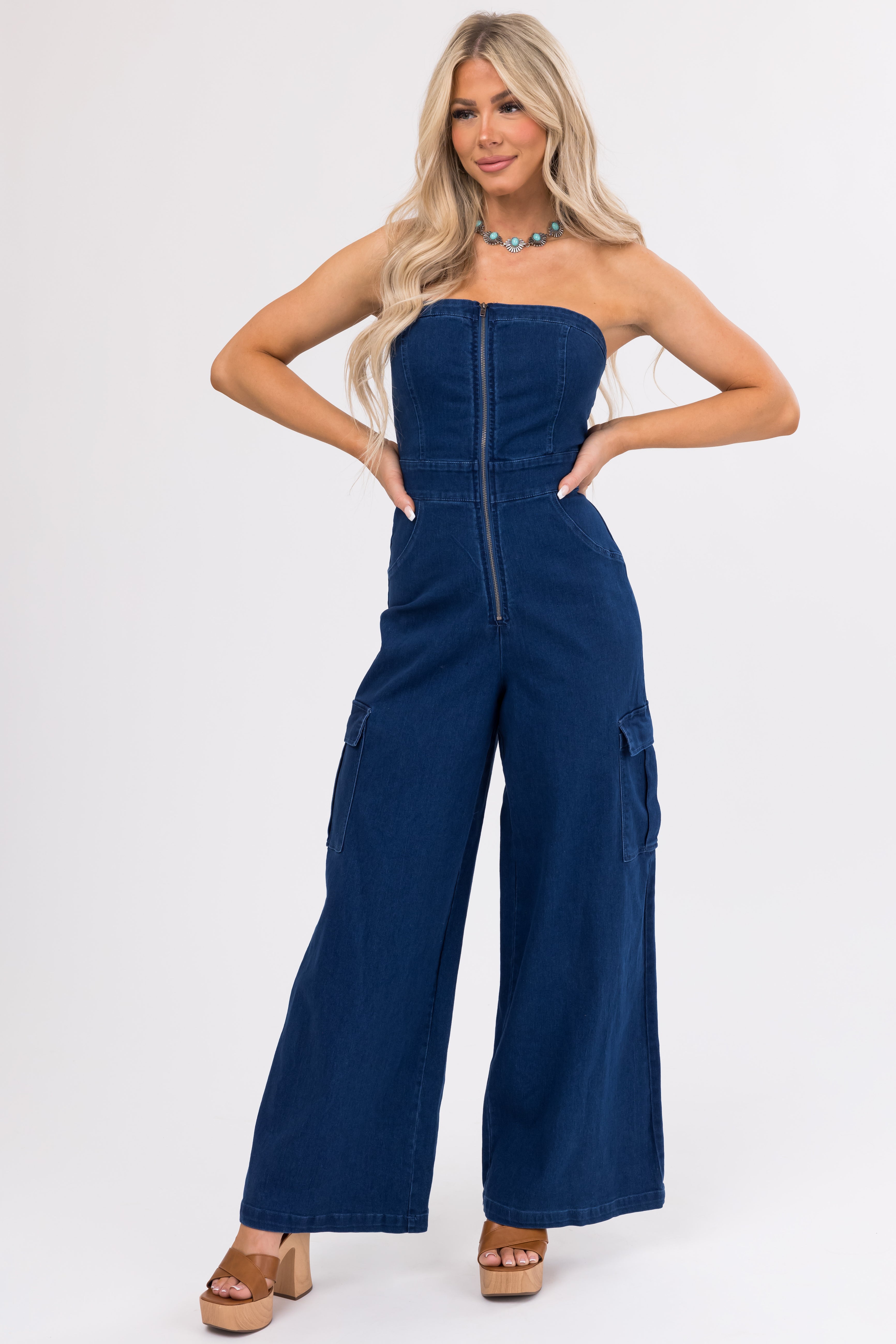 Flying Tomato Dark Denim Strapless Cargo Jumpsuit