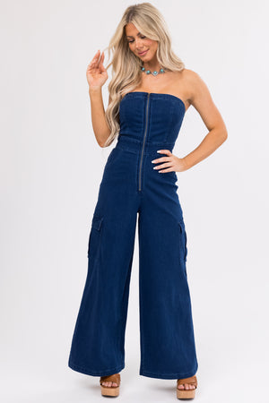 Flying Tomato Dark Denim Strapless Cargo Jumpsuit