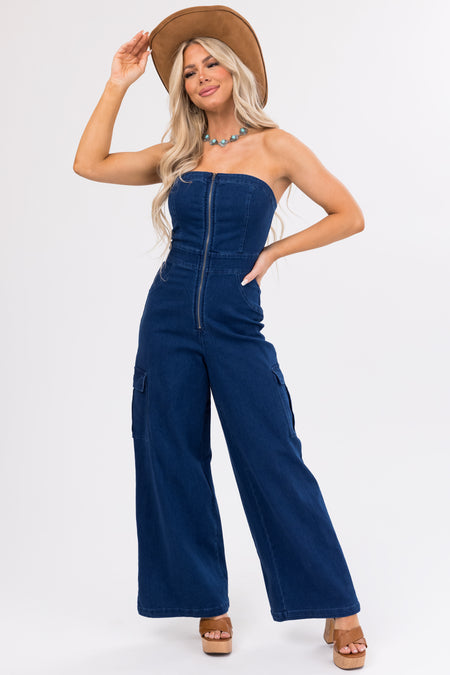 Flying Tomato Dark Denim Strapless Cargo Jumpsuit