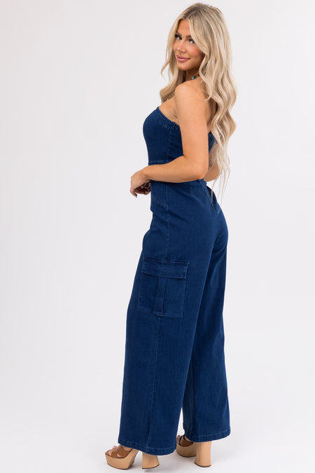 Flying Tomato Dark Denim Strapless Cargo Jumpsuit