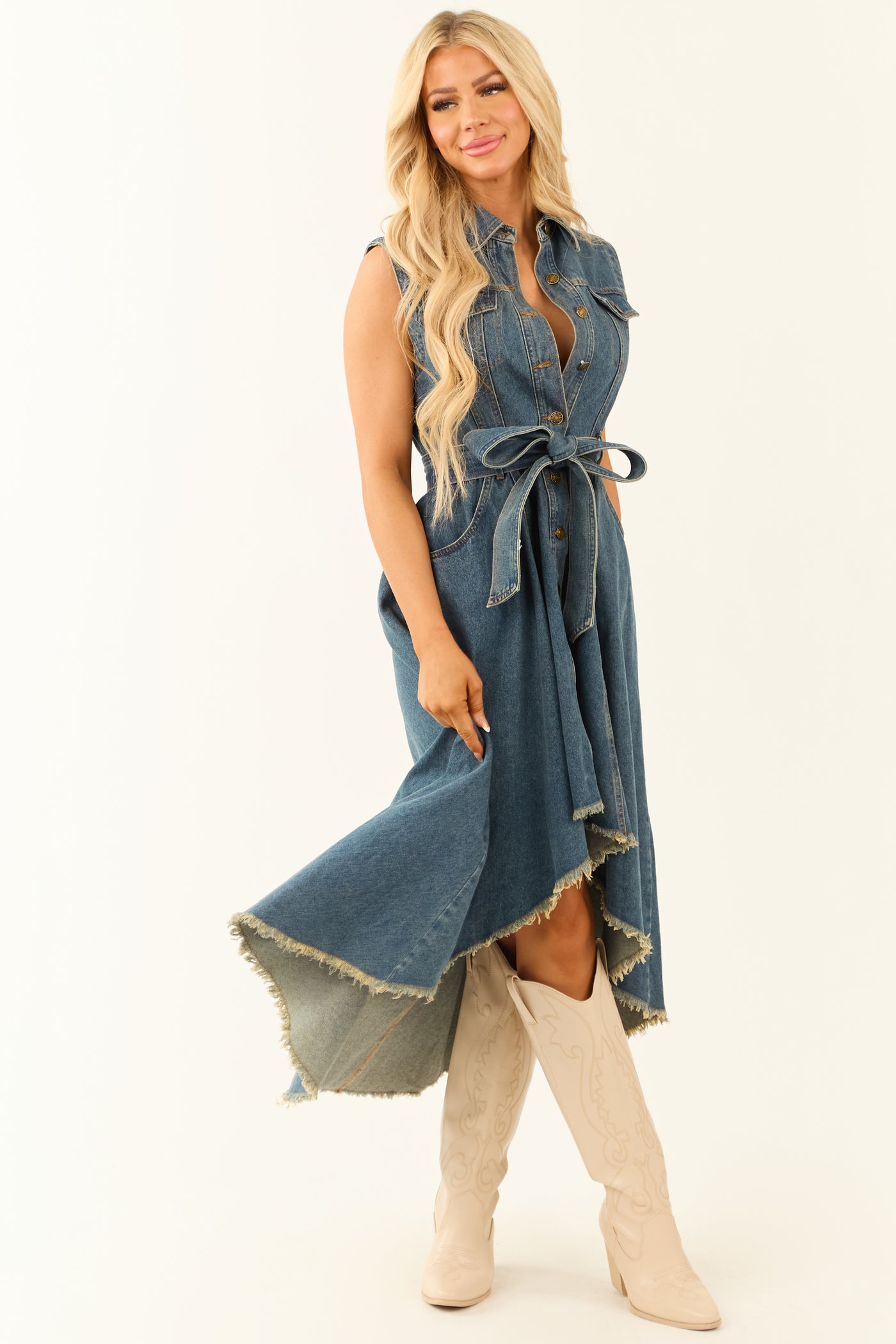 Flying Tomato Dark Wash Denim High Low Midi Dress