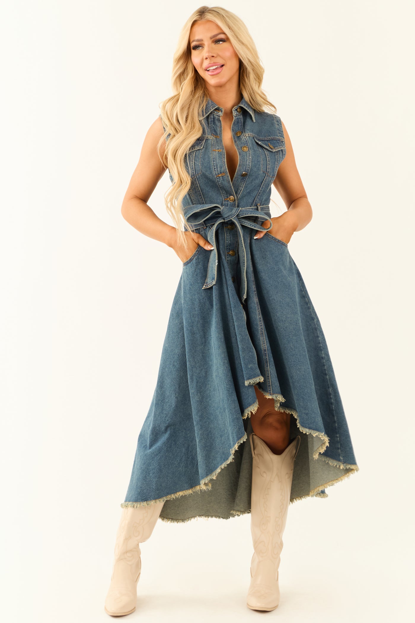 Flying Tomato Dark Wash Denim High Low Midi Dress