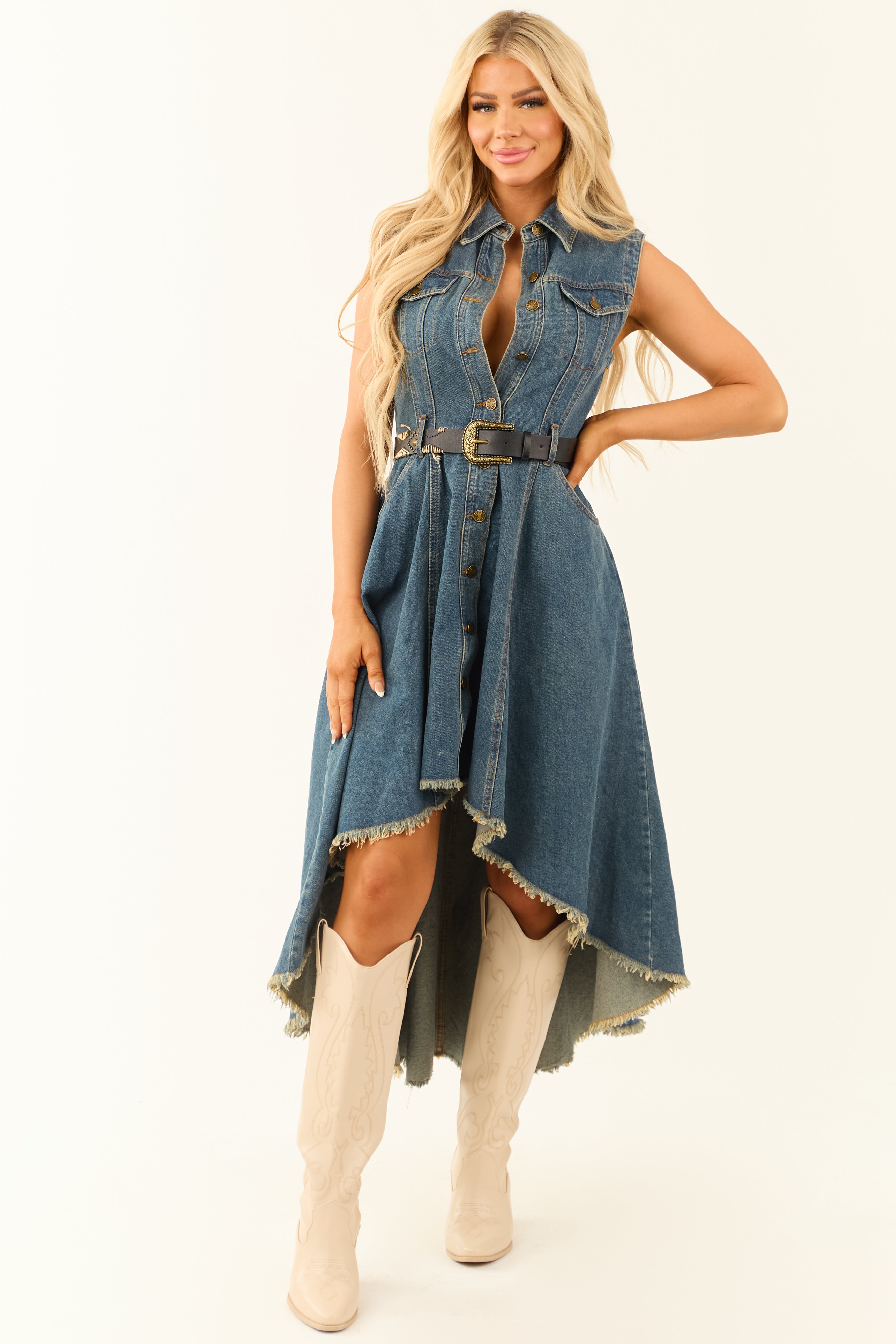 Flying Tomato Dark Wash Denim High Low Midi Dress