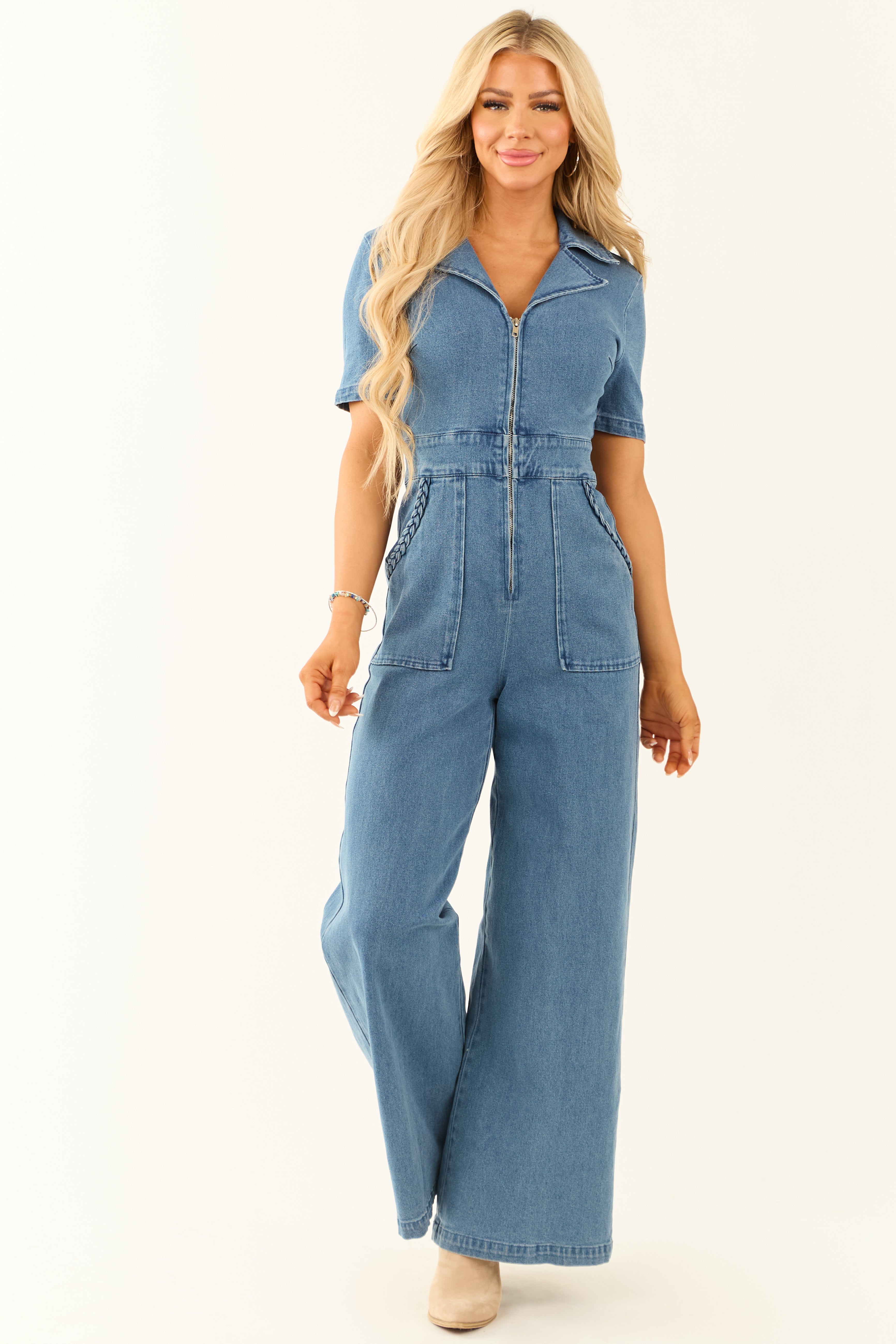 Flying Tomato Dark Wash Denim Wide Leg Jumpsuit