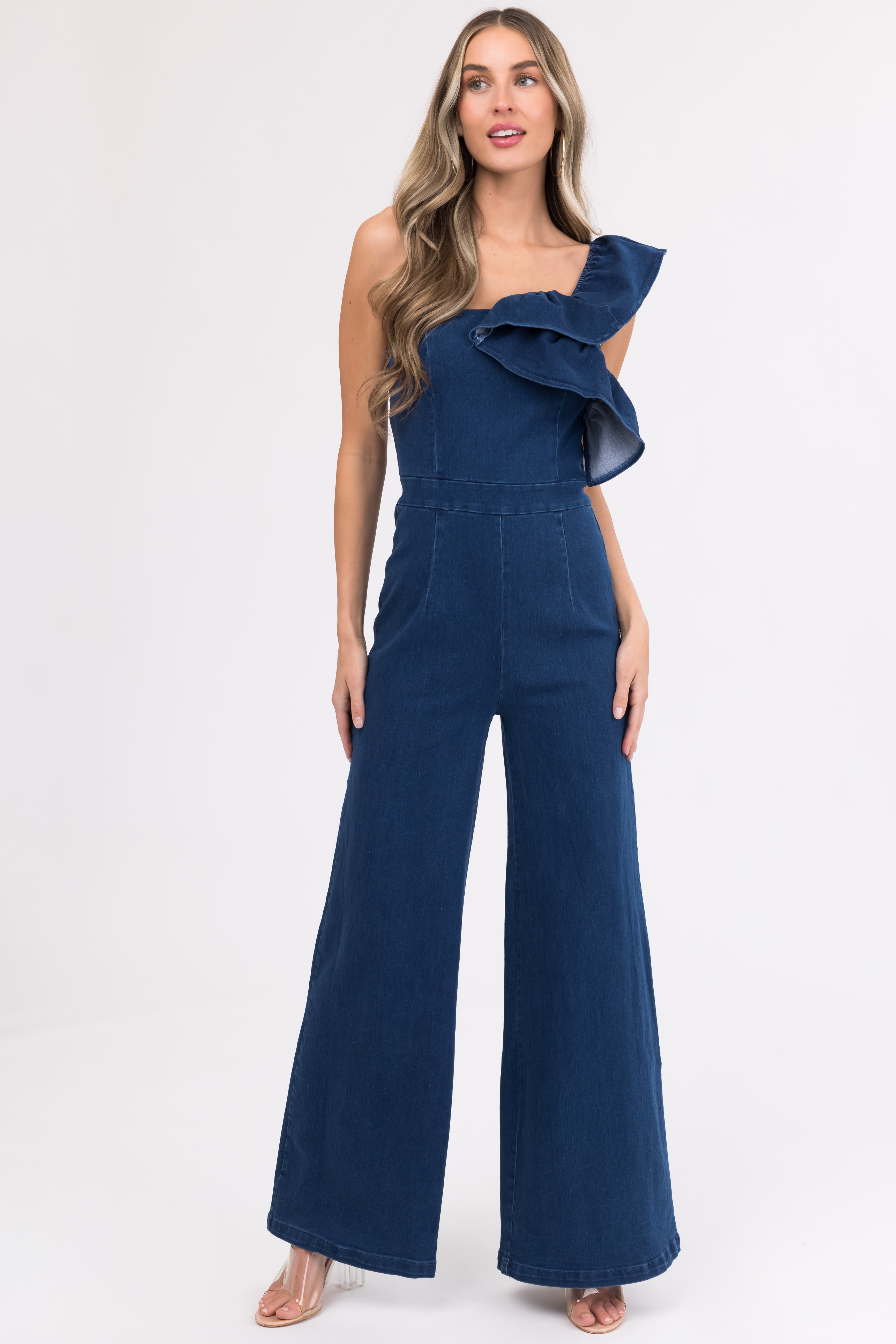 Flying Tomato Denim One Shoulder Jumpsuit | Lime Lush Boutique