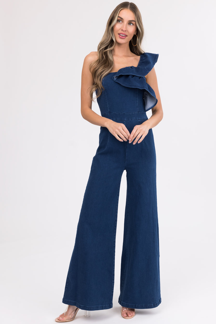 Flying Tomato Denim One Shoulder Jumpsuit