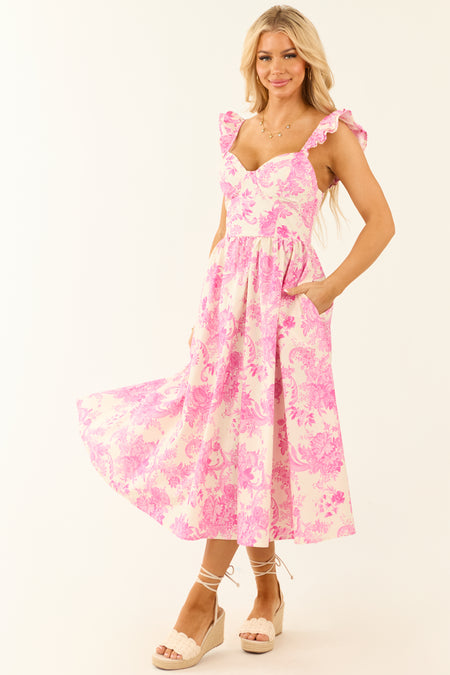 Flying Tomato Fuchsia Floral Ruffle Strap Midi Dress