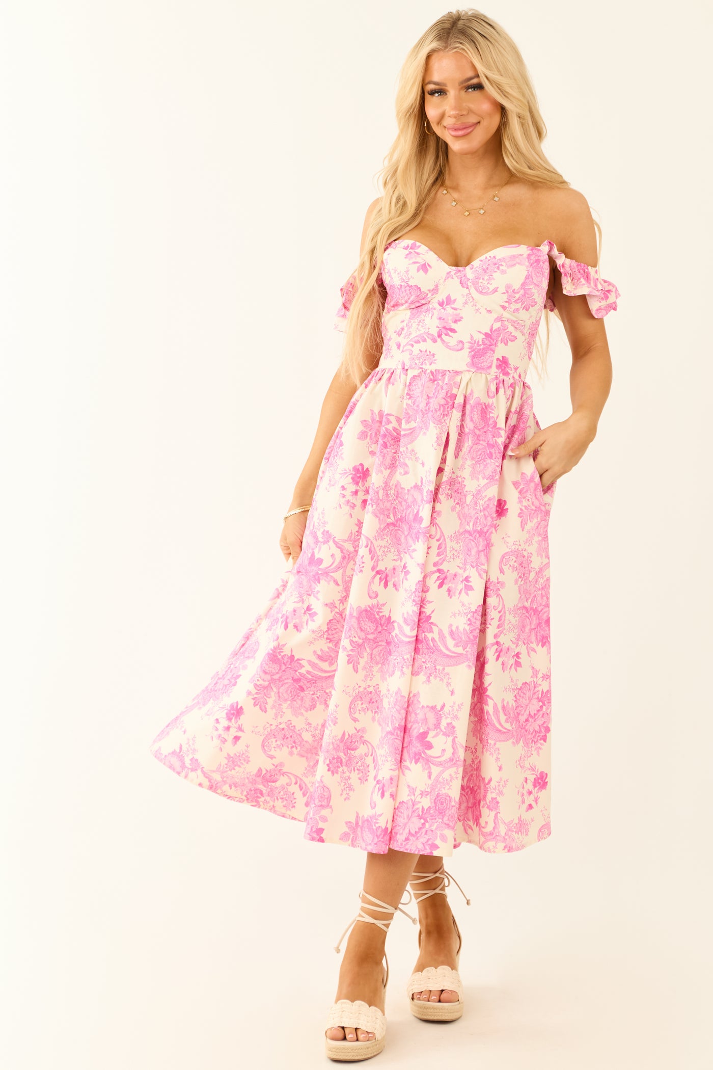 Flying Tomato Fuchsia Floral Ruffle Strap Midi Dress