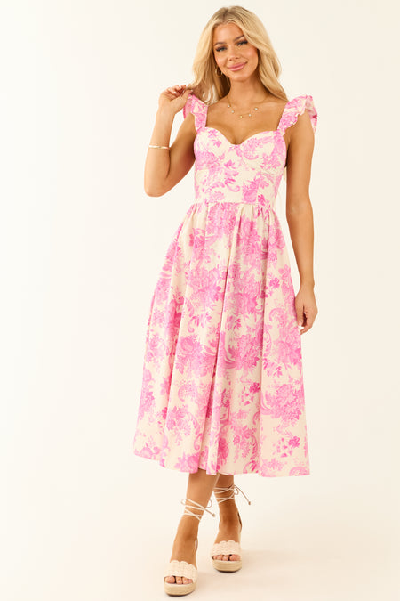 Flying Tomato Fuchsia Floral Ruffle Strap Midi Dress