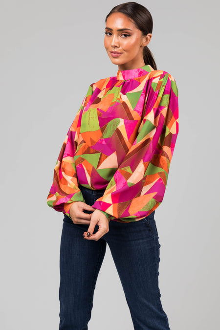 Flying Tomato Fuchsia Multicolor Geometric Blouse