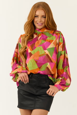 Flying Tomato Fuchsia Multicolor Geometric Blouse